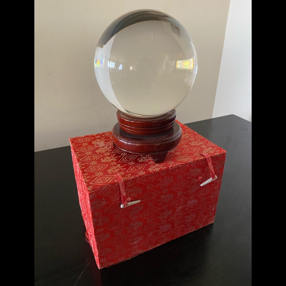 Vintage crystal ball with base and handmade case